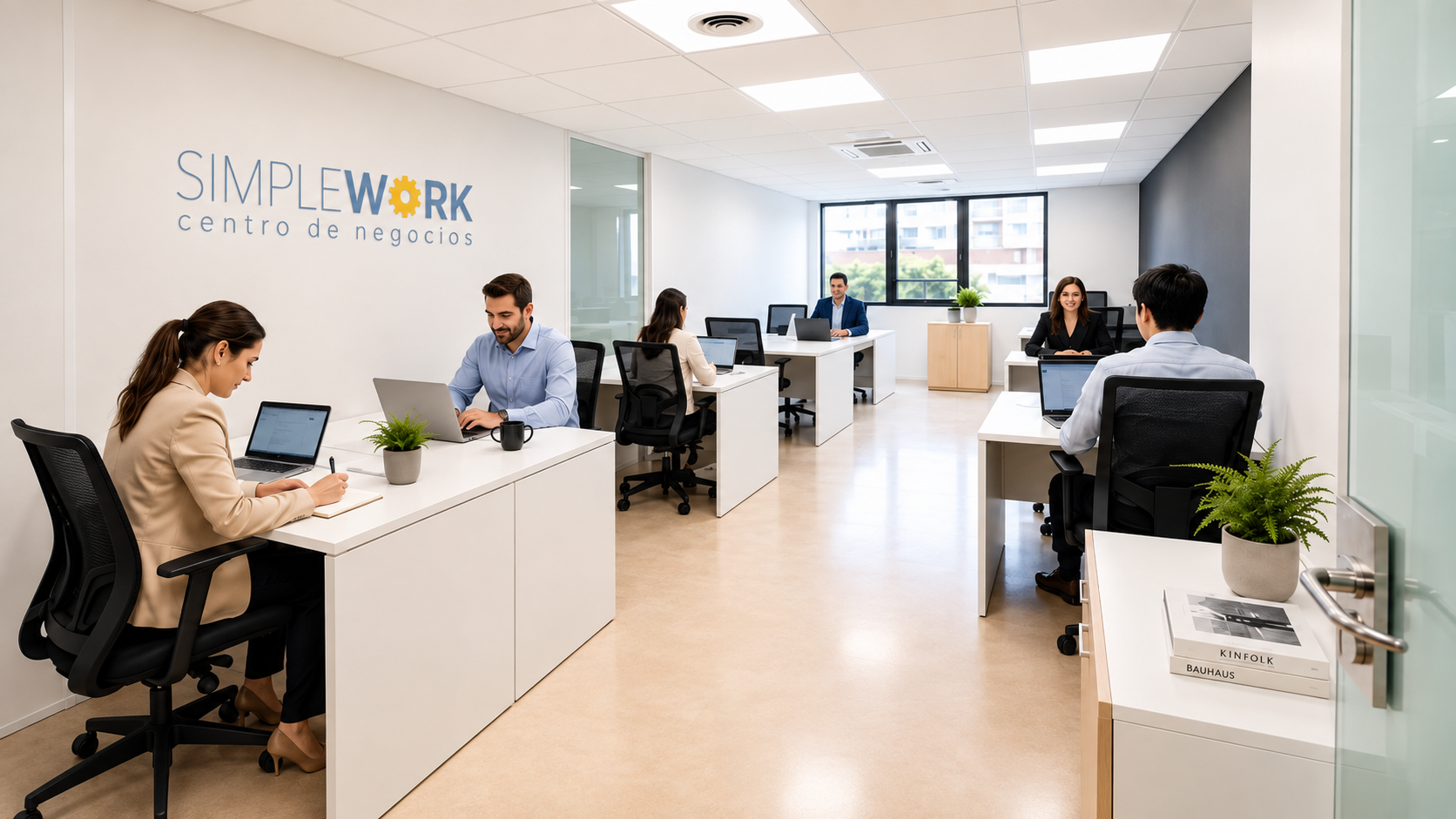 Oficina privada amueblada con equipo trabajando en Simplework Valencia